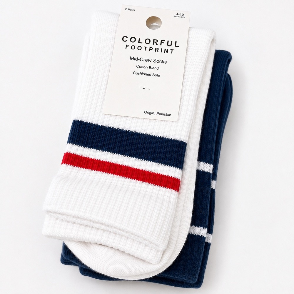 Colorful Footprint Mid-Crew Socks 2 Pairs White Navy Striped I'M FINE Size 4-10
